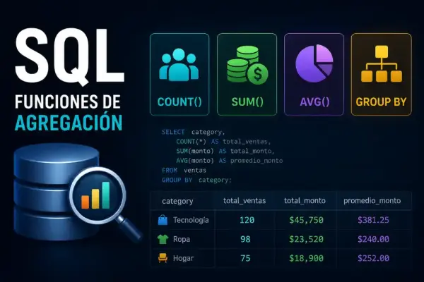 Funciones de agregación en SQL: COUNT, SUM, AVG y GROUP BY explicados